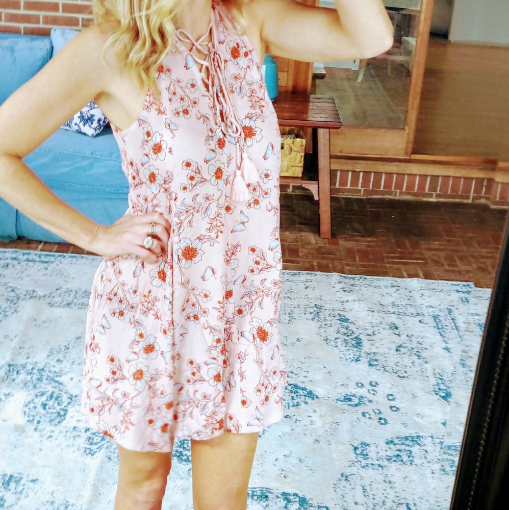 ❤pink red floral tassel summer sun dress